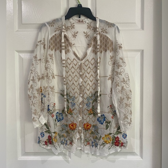 Johnny Was Tops - Johnny Was Floral Embroidered White Blouse Ties Cupra Rayon Button Down Boho